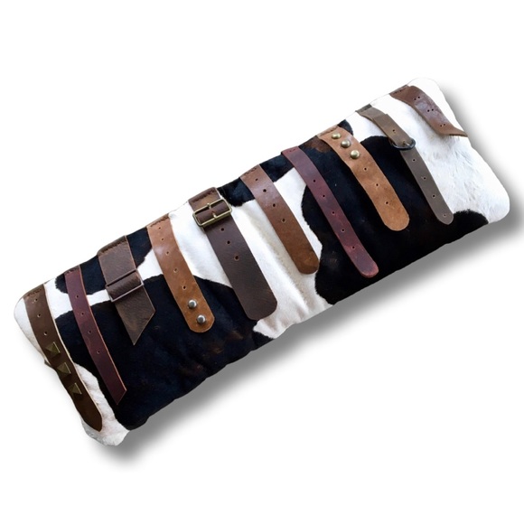 Leather Pillow with Hair On Calfskin Leather Belts and Tassels Artist Made